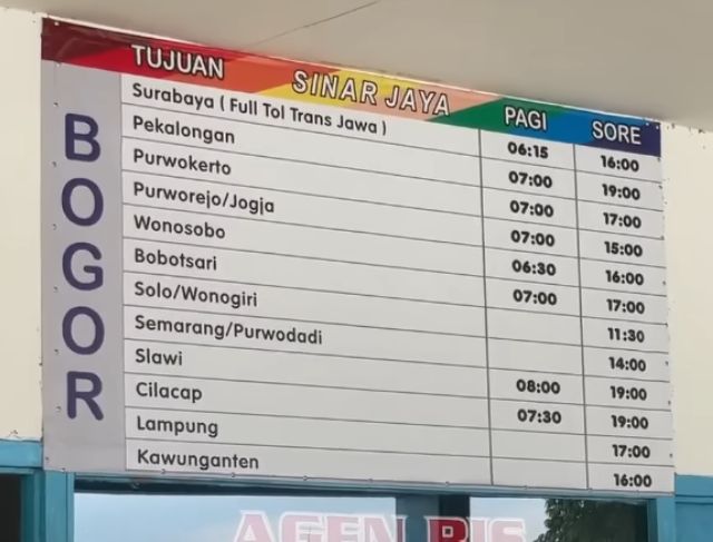 jadwal bus sinarjaya terminal baranang siang bogor ke surabaya ke pekalongan purwokerto purworejo jogja wonosobo bobotsari solo wono giri semarang purwodadi slawi cilacap