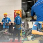 Teknisi Trazt sedang melakukan pembersihan saluran mampet menggunakan alat spiral baja elastis yang digerakan dengan mesin rooter
