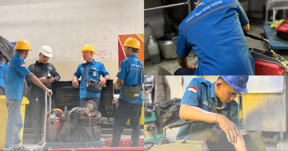 Teknisi Trazt sedang melakukan pembersihan saluran mampet menggunakan alat spiral baja elastis yang digerakan dengan mesin rooter
